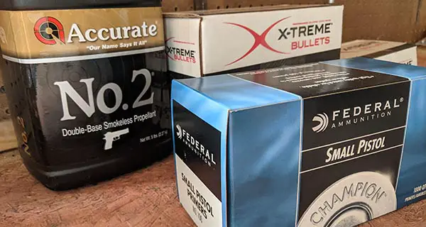 bullets, propellant, and primer for reloading handgun ammo