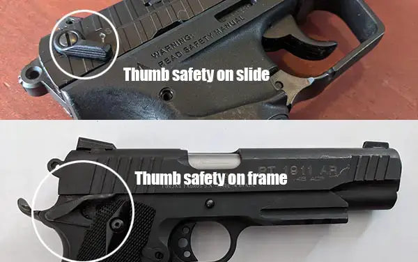 where is the thumb safety on a handgun - frame and slide locations