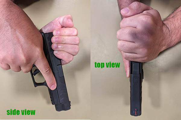 overhand grip top and side views to rack the slide