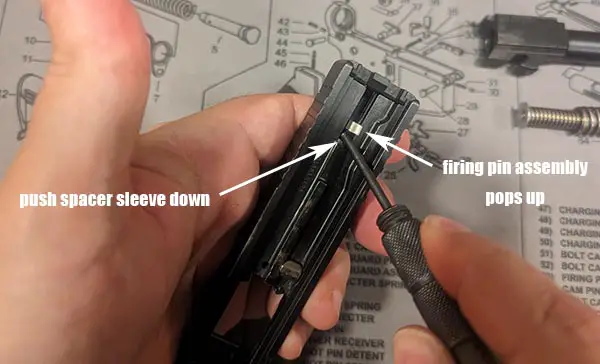 taking apart glock slide - firing pin assembly and spacer sleeve